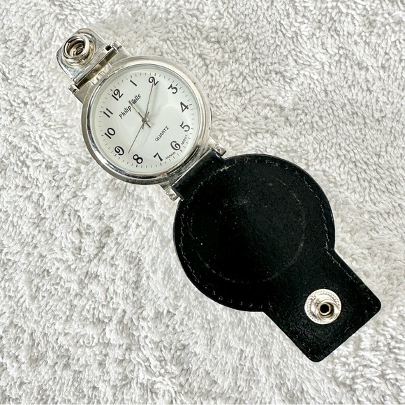 Philip Wells Silver Train Pocket Watch Belt Watch W Black Leather Case - Picture 7 of 14